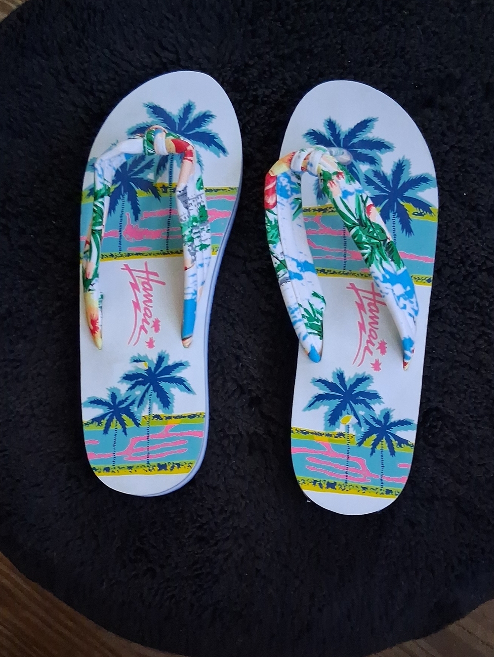 Beach Print Flip Flops - White, Blue & Green
